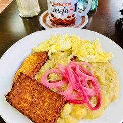 Josefa - Breakfast consisting of mangu, scrambled eggs, fried cheese topped with pickled red onions and a good strong coffee.