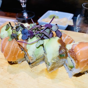 O-Ku - THE PLAYBOY ROLL tempura shrimp, cucumber, spicy tuna, salmon, avocado, yuzu miso, microgreens - Sushi Bars Near Me - Charleston, South Carolina