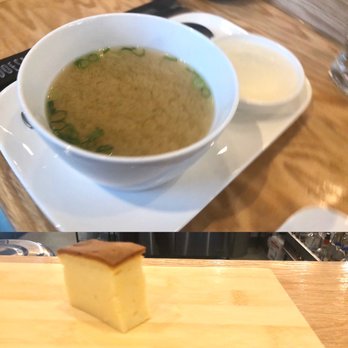 Hando - Miso soup and a dessert they're testing out. - Sushi Bars Near Me - Houston, Texas Hando - Miso soup and a dessert they're testing out. - Sushi Bars Near Me - Houston, Texas
