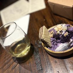 Tane Vegan Izakaya - Ube ice cream and chocolate wafer. (Glass of wine brought from another guest)