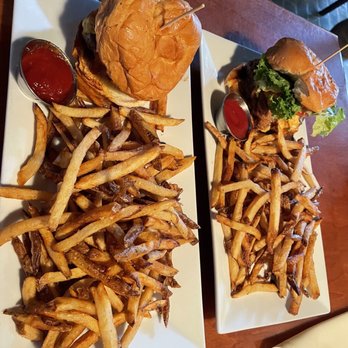 The Fork n Cork - Pimento burger on right and create your own on left. - New American Near Me - Wilmington, North Carolina