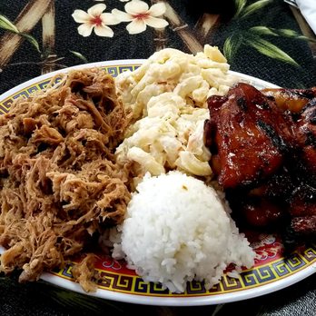 Hula Hands Restaurant - Kalua Pork and BBQ Chicken Combo with two Macs! - Hawaiian Near Me - Anchorage, Alaska