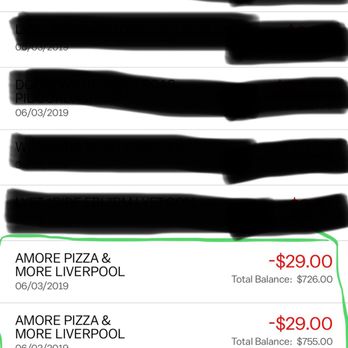 Amore Pizza & More - Photo of the double charge. Total was $26.72 and the rest is the tip - Pizza Near Me - Liverpool, New York