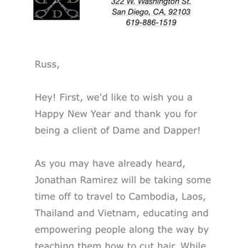 Dame and Dapper Barber Shop - The email I was sent to help fund the trip for one of their barbers. - Barbers Near Me - San Diego, California