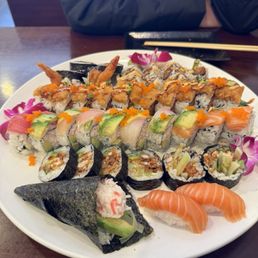 AYCE first round california handroll, salmon nigiri, shrimp tempura roll, rainbow roll, salmon skin roll, spider roll AYCE first round california handroll, salmon nigiri, shrimp tempura roll, rainbow roll, salmon skin roll, spider roll