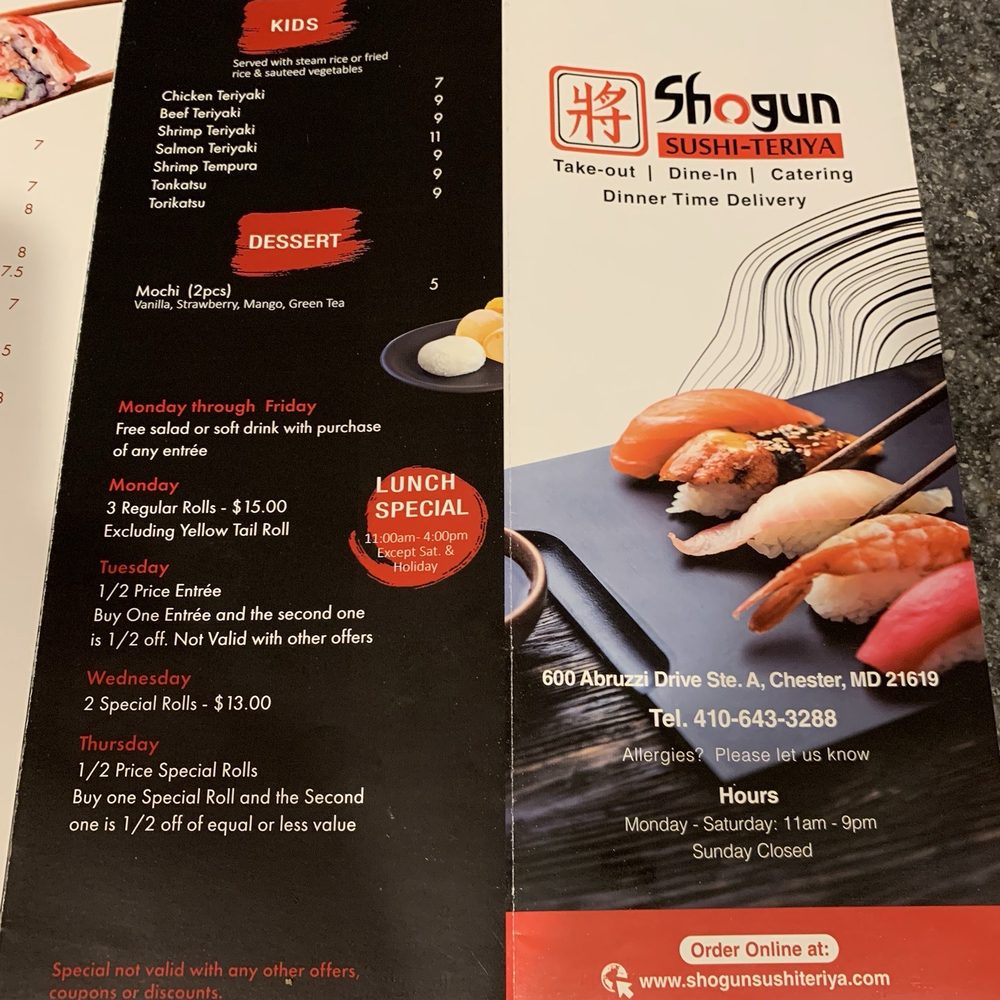 Shogun Sushi-Teriya - Menu - Sushi Bars Near Me - Chester, Maryland Shogun Sushi-Teriya - Menu - Sushi Bars Near Me - Chester, Maryland