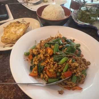Suthathip Thai Restaurant - Pad krapow Spicy Thai Basil with Ground Chicken over Rice - Thai Near Me - Anaheim, California Suthathip Thai Restaurant - Pad krapow Spicy Thai Basil with Ground Chicken over Rice - Thai Near Me - Anaheim, California