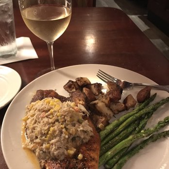 Blue Marlin - Blackened Baramundi with a crab corn topping, roasted potatoes and asparagus - Seafood Near Me - Columbia, South Carolina