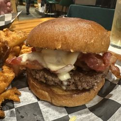 Cadillac Party Lounge - Mushroom Swiss with bacon pickles and mayonnaise....crisscross fries excellent! so good!! thanks great service love the party Bar!