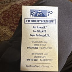 Bear Creek Physical Therapy - I went to the one in Ashland. Very poorly maintained and set up.