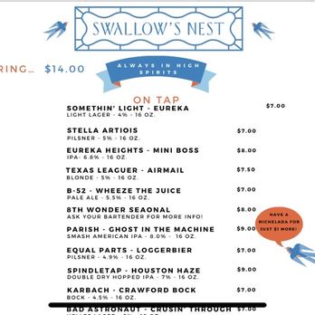 Swallow's Nest - Drink menu - Cocktail Bars Near Me - Houston, Texas