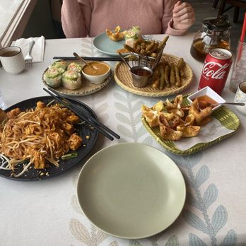 Banana Leaf Thai Bistro - A-4 Fresh Spring Roll with Shrimp, A-2 Green Bean Tempura (V), A-10 Crab Rangoon, N-1 Pad Thai (GF) - Thai Near Me - Port Townsend, Washington Banana Leaf Thai Bistro - A-4 Fresh Spring Roll with Shrimp, A-2 Green Bean Tempura (V), A-10 Crab Rangoon, N-1 Pad Thai (GF) - Thai Near Me - Port Townsend, Washington