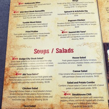 Dodge City Steakhouse - Menu - Appatizers, Soups, and Salads. - Steakhouses Near Me - Mount Airy, North Carolina Dodge City Steakhouse - Menu - Appatizers, Soups, and Salads. - Steakhouses Near Me - Mount Airy, North Carolina