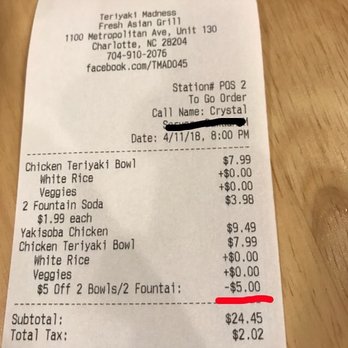 Teriyaki Madness - Definitely didn't give me the free meal like the deal said. - Asian Fusion Near Me - Charlotte, North Carolina Teriyaki Madness - Definitely didn't give me the free meal like the deal said. - Asian Fusion Near Me - Charlotte, North Carolina
