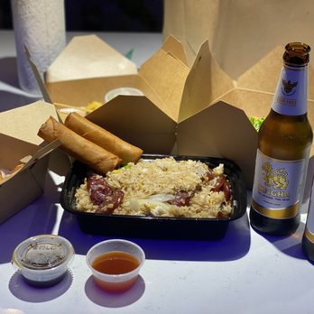 White Elephant - Fried rice with sweet sausage, egg rolls, potstickers, satay skewers, mango & sweet rice as dessert topped off by ice cold Singha beer. - Thai Near Me - San Diego, California White Elephant - Fried rice with sweet sausage, egg rolls, potstickers, satay skewers, mango & sweet rice as dessert topped off by ice cold Singha beer. - Thai Near Me - San Diego, California