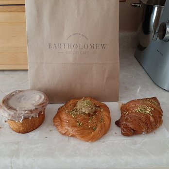 Bartholomew Bakery - L-R -Icing sugar puff pastry, pistachio "Dane-nut" (Danish shape pastry with dollop of pistachio flavoured icing), pistachio croissant - Bakeries Near Me - Vaughan, Ontario Bartholomew Bakery - L-R -Icing sugar puff pastry, pistachio "Dane-nut" (Danish shape pastry with dollop of pistachio flavoured icing), pistachio croissant - Bakeries Near Me - Vaughan, Ontario