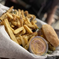 Lucky's Iron Door Roadhouse - Breath Enhancer Burger with Garlic Rosemary Fries.