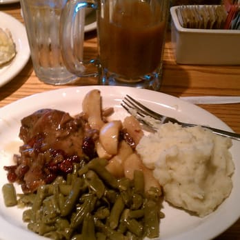 Cracker Barrel Old Country Store - Half Eaten Meat Loaf, Green Beans, Mashed Potatoes and Fried Apples. Apple Cider in the back (yum!) - Breakfast & Brunch Near Me - Franklin, Kentucky