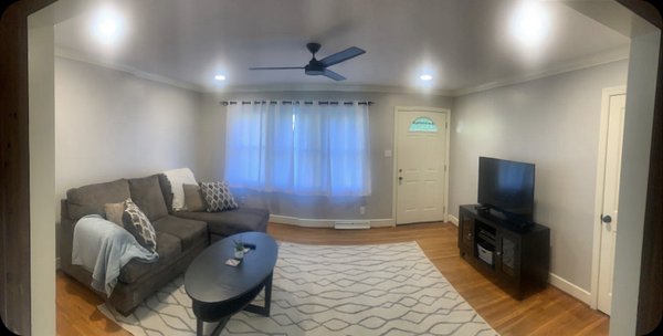 Recessed lighting in living room and kitchen - Total remodel of kitchen including lights and GFCI outlets, and added recessed lighting on a dimmer switch along with ceiling fan in living room.