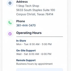 1 Stop Tech Shop - In-store, on-site, over the phone and remote control we will help you however you chose. After hours we can help.