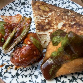 Masti - App sample (clockwise: cheese naan, samosa, chili momos) - Indian Near Me - Reston, Virginia