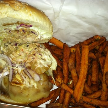 Island Burger - Shark Burger with swiss cheese, cole slaw, red onion, pineapple, garlic sauce and tamarind sauce with Sweet Potato fries. - Burgers Near Me - Brooklyn, New York