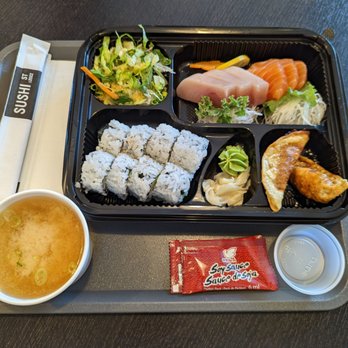 Sushi Street - Sashimi Bento $18 (miso soup, Salad, California rolls, 3 PC tuna, 3 PC Salmon, 2 PC gyoza) - Japanese Near Me - Surrey, British Columbia Sushi Street - Sashimi Bento $18 (miso soup, Salad, California rolls, 3 PC tuna, 3 PC Salmon, 2 PC gyoza) - Japanese Near Me - Surrey, British Columbia