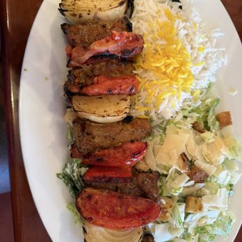 Panini Kabob Grill - Lamb skewer with vegetables, a Caesar Salad and basmati rice - Mediterranean Near Me - Long Beach, California Panini Kabob Grill - Lamb skewer with vegetables, a Caesar Salad and basmati rice - Mediterranean Near Me - Long Beach, California
