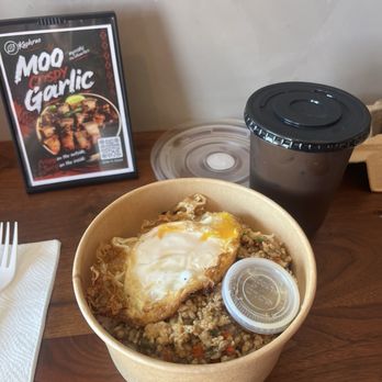 Kaphrao Express - Ground Chicken Kaphrao (Real Thai Holy Basil) Over Rice with Thai Fried Egg and a Thai tea - Thai Near Me - Costa Mesa, California