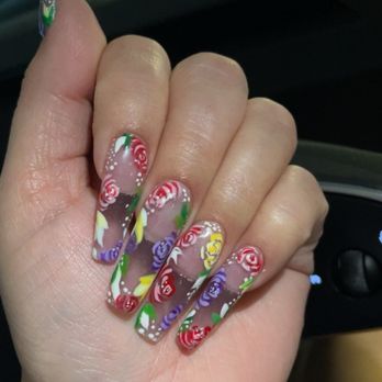 Dream Spa - Clear acrylic with floral design - Nail Salons Near Me - Austin, Texas