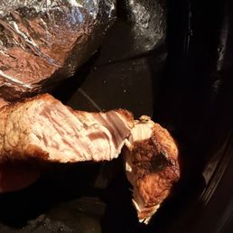 Dry and not warm. I thought pork was the other white meat, not pink. Dry and not warm. I thought pork was the other white meat, not pink.