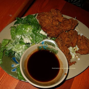 The Eatery - Karaage - marinated with soya-sake sauce with tonkatsu sauce for dipping + salad. - Japanese Near Me - Vancouver, British Columbia