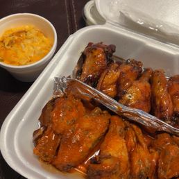 12 pc wings, 1/2 Buffalo with BC and half honey garlic, with side Mac