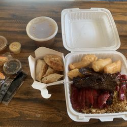 May's Cafe Chinese Food - 6 Piece Peking Ravioli H4. Chicken Fingers, Boneless Spare Ribs and Teriyaki Beef Combo Plate