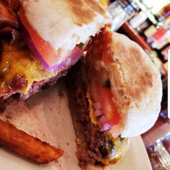 Churchill's - Wisconsin burger with sweet potato fries - American Near Me - Rockville Centre, New York