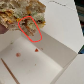 Blk Dot Coffee - Pick that held my sandwich together is inside the box. Hidden pick in my sandwich circled in red. - Coffee & Tea Near Me - Long Beach, California