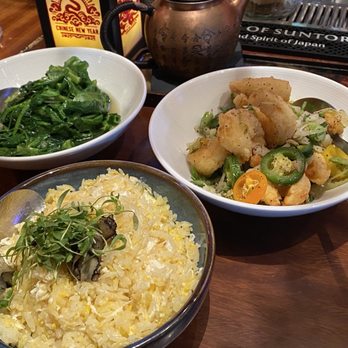 Qi Austin - Truffle fried rice, stir fried pea shoots and salt & pepper shrimp - Dim Sum Near Me - Austin, Texas Qi Austin - Truffle fried rice, stir fried pea shoots and salt & pepper shrimp - Dim Sum Near Me - Austin, Texas