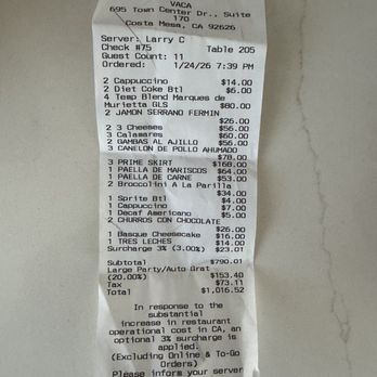 Vaca - Proof of receipt - Tapas/Small Plates Near Me - Costa Mesa, California