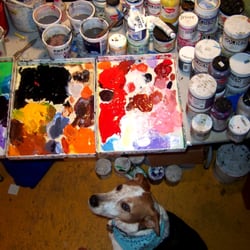 Pie Eyed Open Art Studio - Lauri's paint table with Sally the model