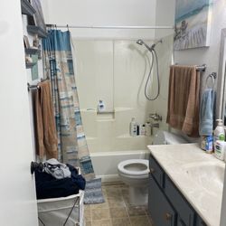 Before. Laminate flooring, tub/shower insert, low shower head.