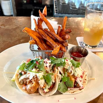 Burntwood Tavern - Fish Tacos with sweet potato fries - American Near Me - Naples, Florida Burntwood Tavern - Fish Tacos with sweet potato fries - American Near Me - Naples, Florida