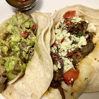 Laughing Planet - Mushroom taco (L) and Beef taco (R) - Vegetarian Near Me - Reno, Nevada Laughing Planet - Mushroom taco (L) and Beef taco (R) - Vegetarian Near Me - Reno, Nevada