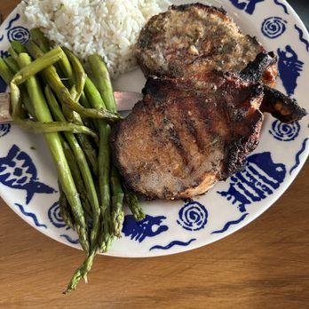 Rick's Café Boatyard - 2 grilled pork chops with asparagus and herbed basmati rice - American Near Me - Indianapolis, Indiana Rick's Café Boatyard - 2 grilled pork chops with asparagus and herbed basmati rice - American Near Me - Indianapolis, Indiana