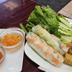 Pho Trin - Combination appetizer plate (rocket shrimp, fresh rolls, spring rolls, fresh veggies) and three delicious dipping sauces. Yum!