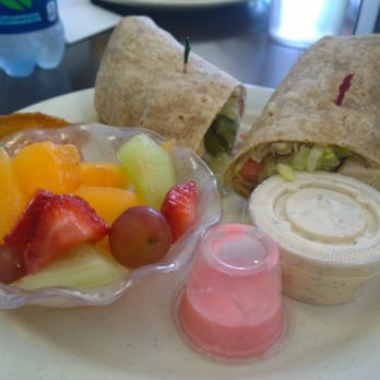 The Patio Cafe & Bakery - Chicken Wrap with bowl of fruits and do you see that pink sauce? That's sweet sauce goes with complimentary mini-muffin(tastes like lassi) - Bakeries Near Me - Duluth, Georgia The Patio Cafe & Bakery - Chicken Wrap with bowl of fruits and do you see that pink sauce? That's sweet sauce goes with complimentary mini-muffin(tastes like lassi) - Bakeries Near Me - Duluth, Georgia