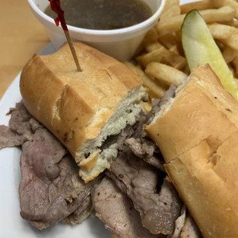 Tip Top Meats - French Dip, Hot Au Jus, Side of fries and a pickle - Meat Shops Near Me - Carlsbad, California Tip Top Meats - French Dip, Hot Au Jus, Side of fries and a pickle - Meat Shops Near Me - Carlsbad, California