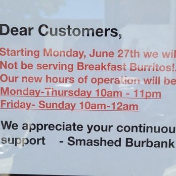 Smashed Burbank - Notice for discontinuing burritos - Burgers Near Me - Burbank, California Smashed Burbank - Notice for discontinuing burritos - Burgers Near Me - Burbank, California