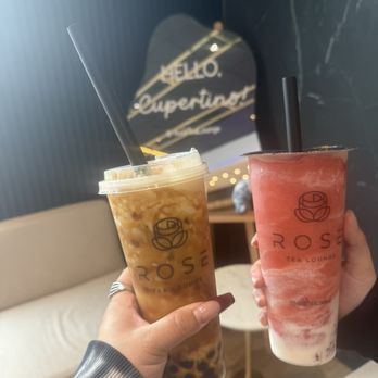 Rose Tea Lounge - Cupertino - Black Sugar Boba Latte with crème brûlée on top! & Strawberry Cloud Ice Blended - Bubble Tea Near Me - Cupertino, California Rose Tea Lounge - Cupertino - Black Sugar Boba Latte with crème brûlée on top! & Strawberry Cloud Ice Blended - Bubble Tea Near Me - Cupertino, California