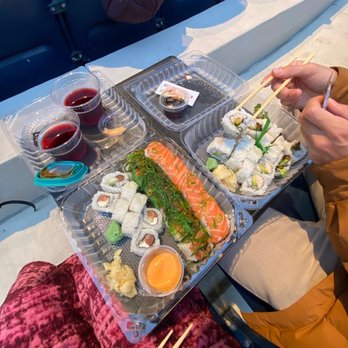 Sky Sushi - Left to right. Philadelphia roll, Poke roll, Andrea's roll, California roll, Salmon Skin roll. - Sushi Bars Near Me - Vista, California Sky Sushi - Left to right. Philadelphia roll, Poke roll, Andrea's roll, California roll, Salmon Skin roll. - Sushi Bars Near Me - Vista, California