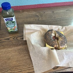 Henry Higgins Boiled Bagels - Egg Meat and Cheese Sandwich with a Smoothie